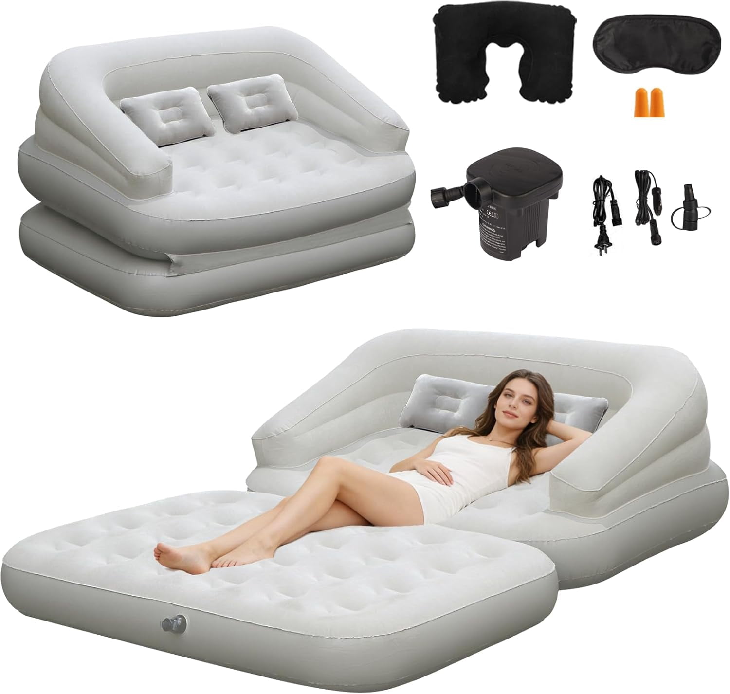 Full Size Inflatable Sofa Bed with Air Pump,2-in-1 Blow-Up Couch and Folding Air Mattress Bed for Home,Camping,and Guests