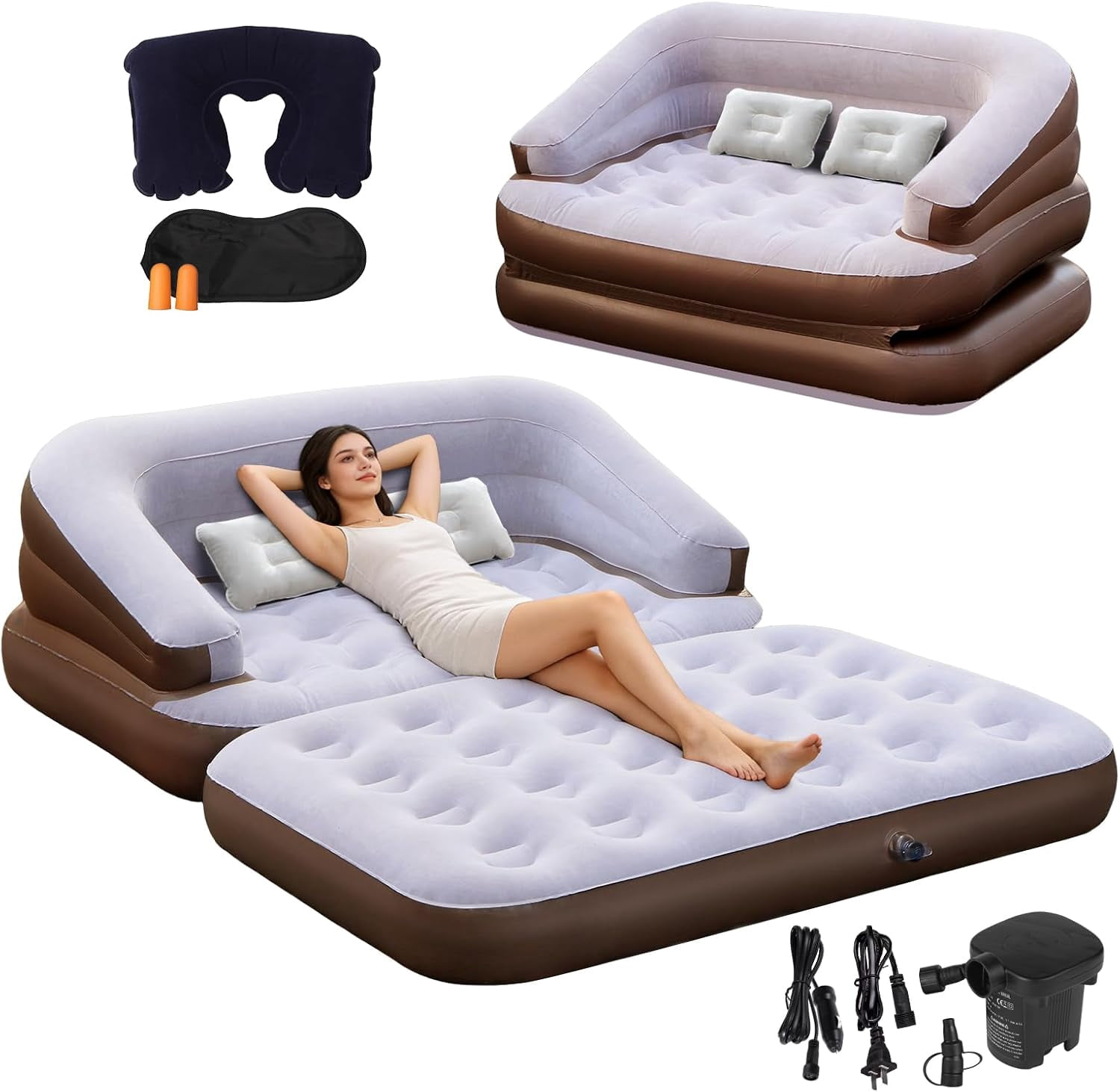 Full Size Inflatable Sofa Bed with Air Pump,2-in-1 Blow-Up Couch and Folding Air Mattress Bed for Home,Camping,and Guests