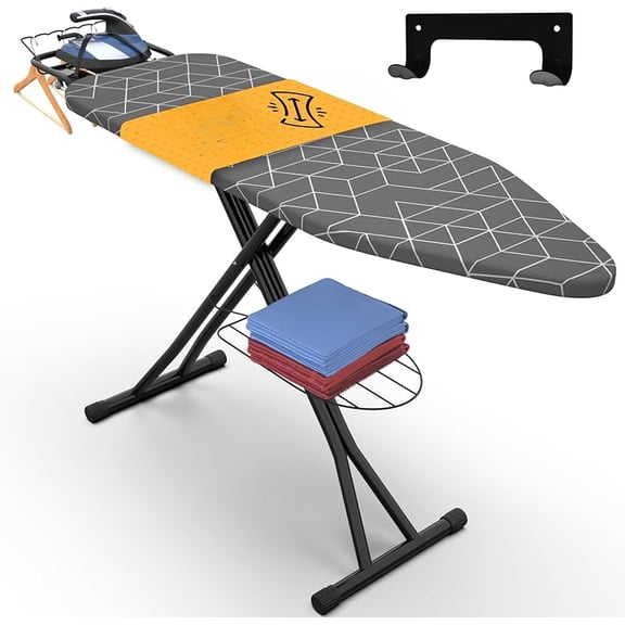 "Full Size Ironing Board 57" x 13" with Wall Mount Hanger, Built-in Iron Caddy, Heat & Scorch Resistant Fabric, Anti-Skid Feet, Heavy Duty Metal Construction & Cord Holder"