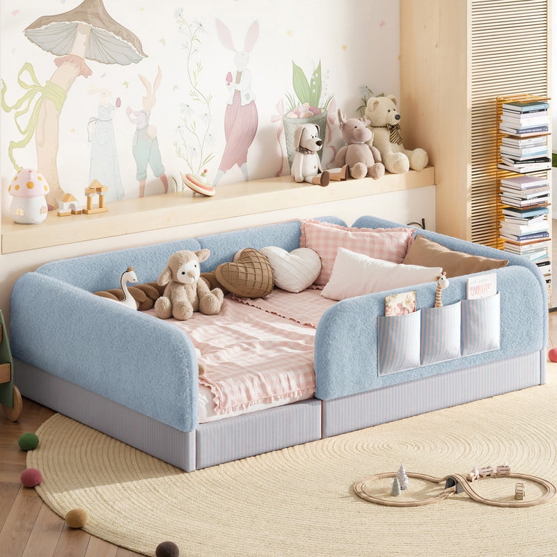 Full Size Kid's Upholstered Floor Bed Frame, Montessori-Style Low Profile Platform Bed with Safety Guardrail & Storage Pockets