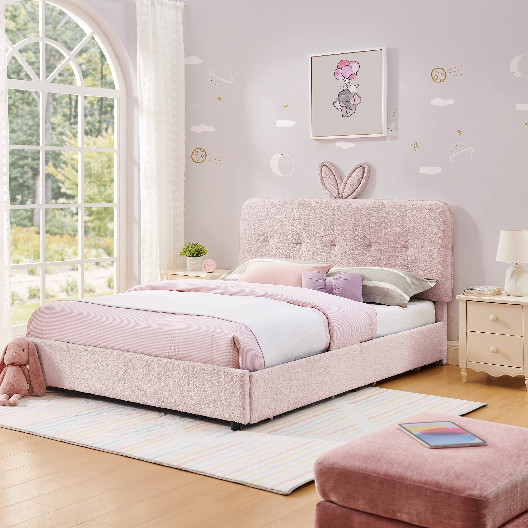Full Size Kids Bed with LED Lights and 4 Storage Drawers, Upholstered Boucle Bed Frame with Oversized Rabbit Ear Headboard, Platform Bed for Kids Bedroom, Pink