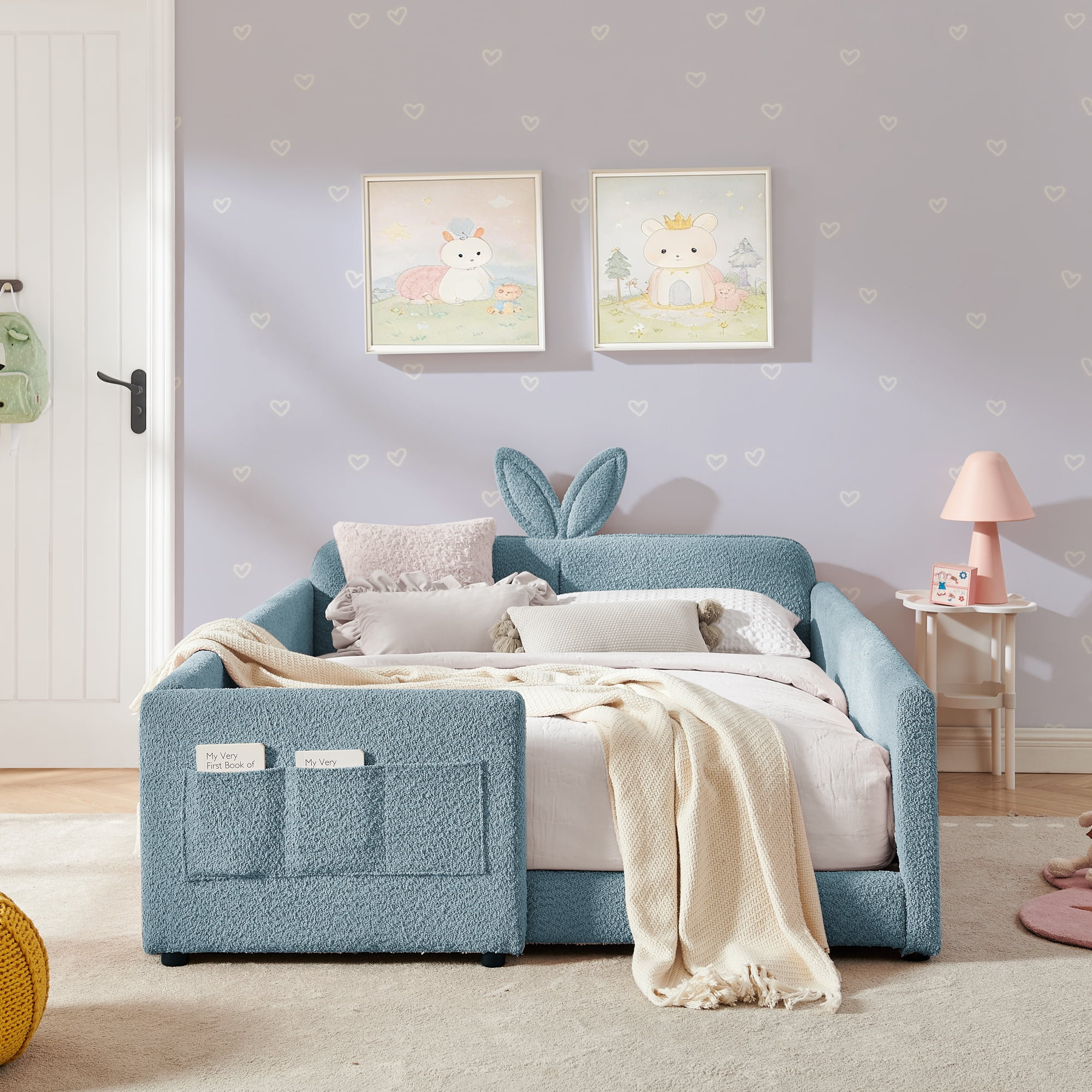 Full Size Kids Bed with Rabbit Ear Headboard, Upholstered Platform Bed with Safety Guardrail Storage Pocket Boucle Fabric for Girls Bedroom, Sky Blue