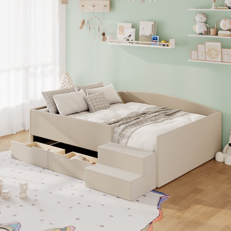 Full Size Kids Daybed Frame with Small Stair & 2 Storage Drawers, Velvet+Corduroy Dual Upholstered Accent Platform Bed