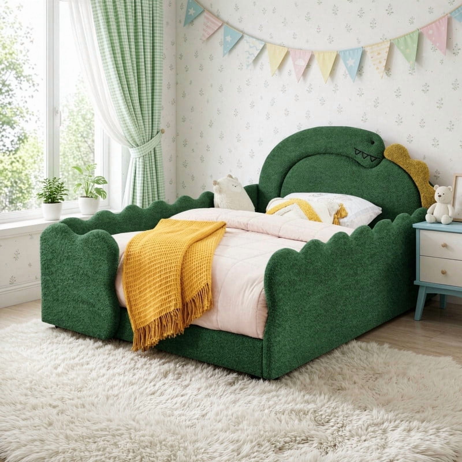 Full Size Kids Dinosaur-Shaped Platform Bed with Guardrails, Low-Profile Upholstered Boucle Fabric Playful Child Daybed Frame