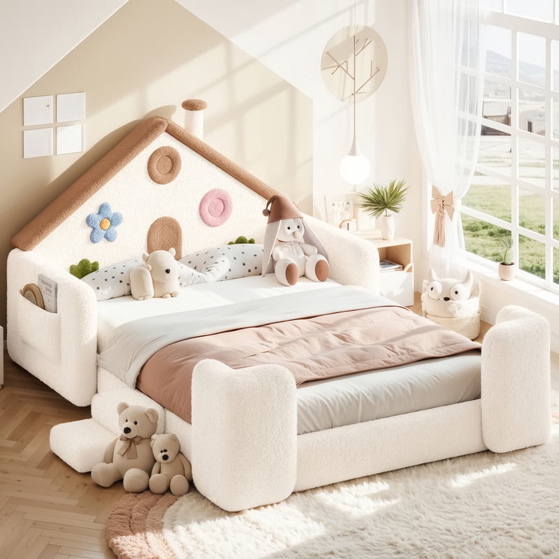 Full Size Kids Floor Bed with House Shaped Headboard, Upholstered Teddy Fabric Child Storage Platform Bed Frame with Pocket