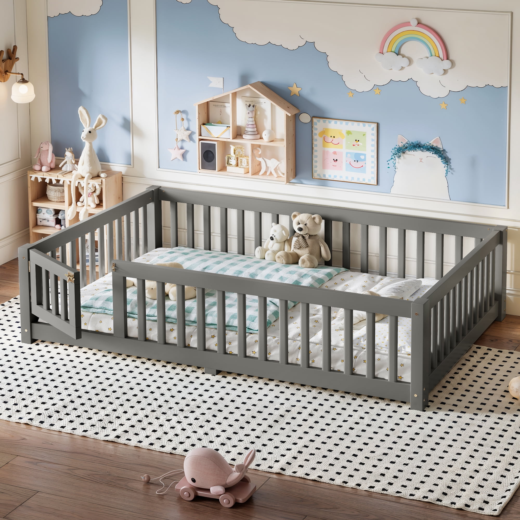 Full Size Kids Floor Bed with Safety Guardrails & Removable Door, Solid Pine Wood Montessori Bed, Gray