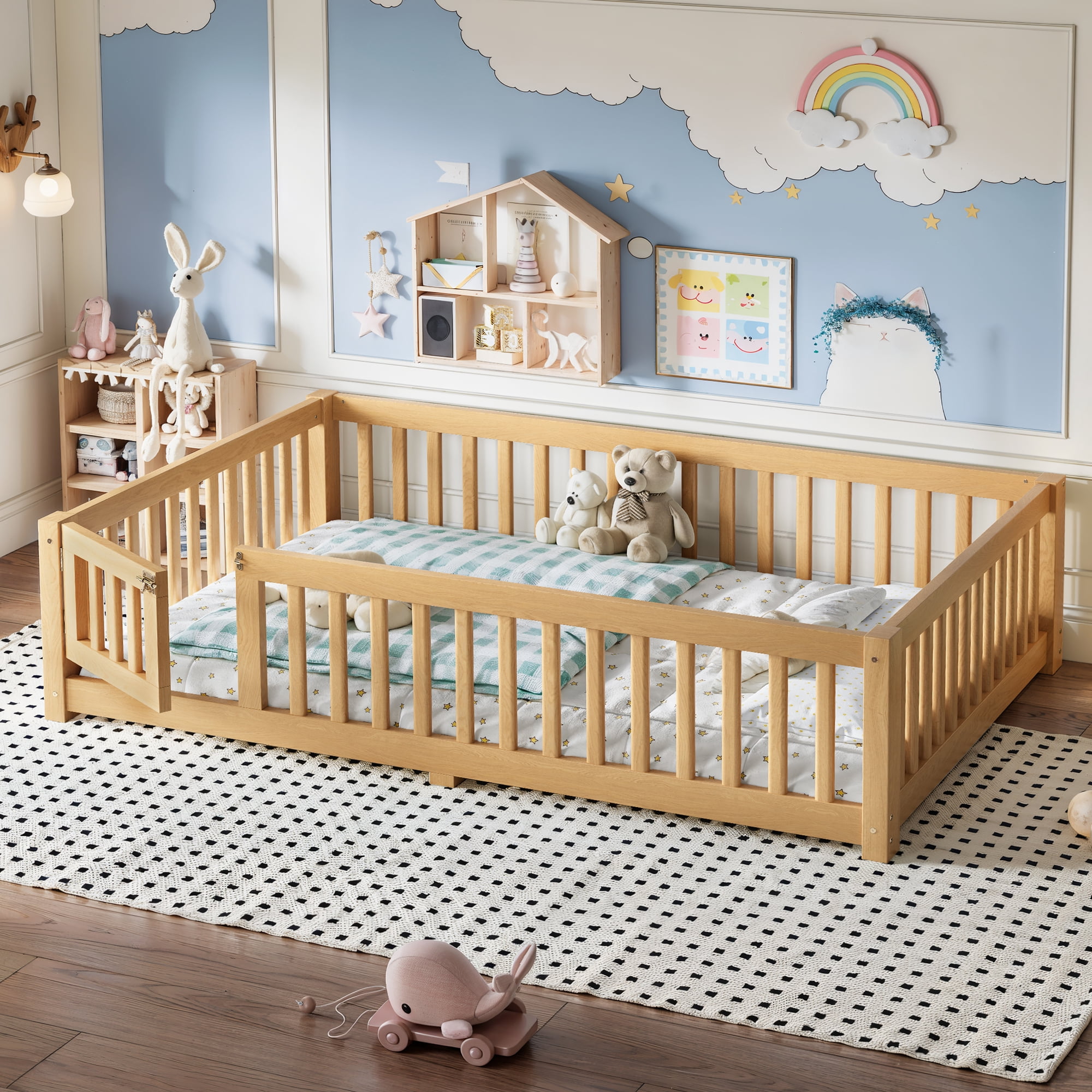 Full Size Kids Floor Bed with Safety Guardrails & Removable Door, Solid Pine Wood Montessori Bed, Natural