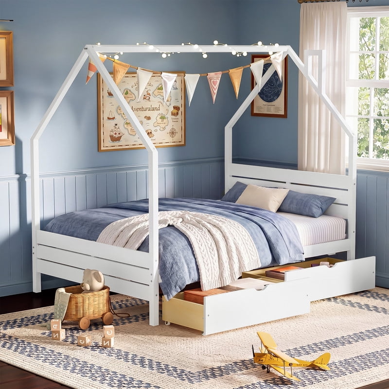 Full Size Kids House Bed Frame, Montessori Child Floor Bed with 2 Storage Drawers, Wooden Low Profile Platform Bed