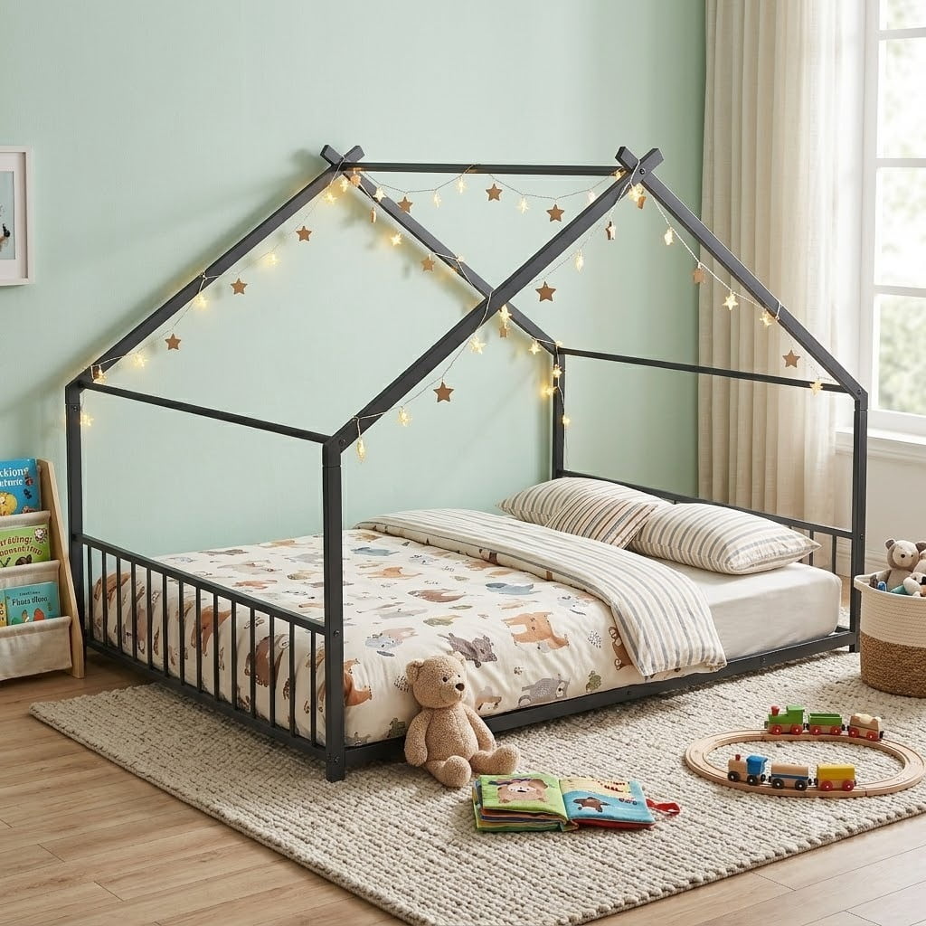 Full Size Kids House Floor Bed, Metal Montessori Floor Bed, Full Floor Bed Frame House Bed with Roof Frame and Slats Support for Boys Girls