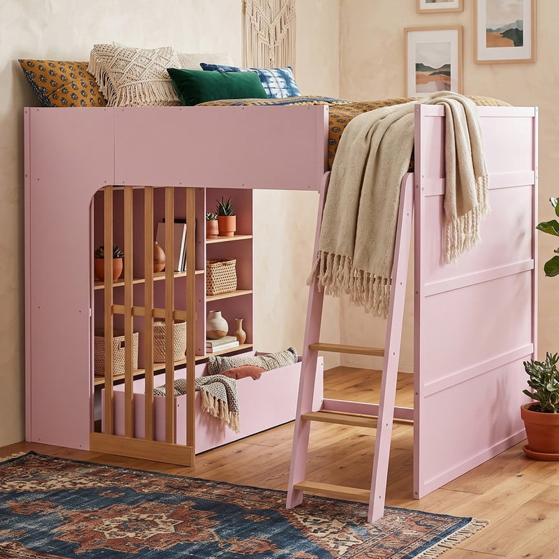 Full Size Kids Loft Bed with Shelves, Wooden High Profile Teens Storage Bed Frame with Ladder and Removable Large Drawer