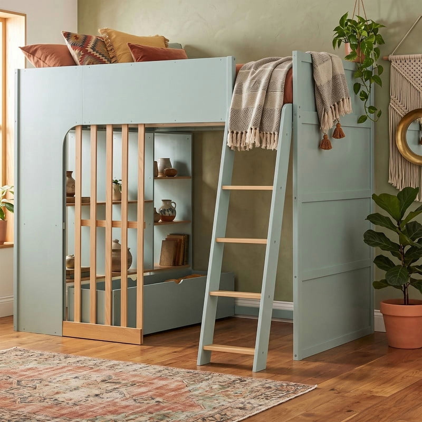 Full Size Kids Loft Bed with Shelves, Wooden High Profile Teens Storage Bed Frame with Ladder and Removable Large Drawer