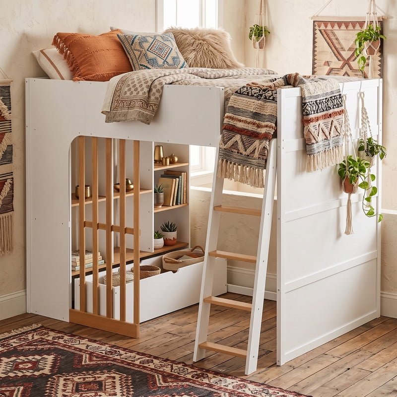 Full Size Kids Loft Bed with Shelves, Wooden High Profile Teens Storage Bed Frame with Ladder and Removable Large Drawer