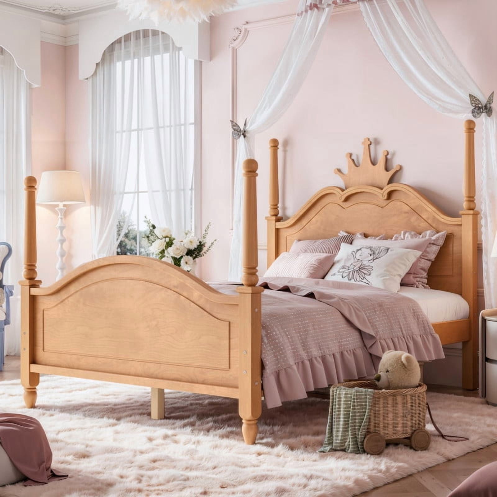 Full Size Kids Low Profile Platform Bed, Curved Footboard Four Poster Bed, Wooden Princess Bed Frame with Crown Shaped Headboard