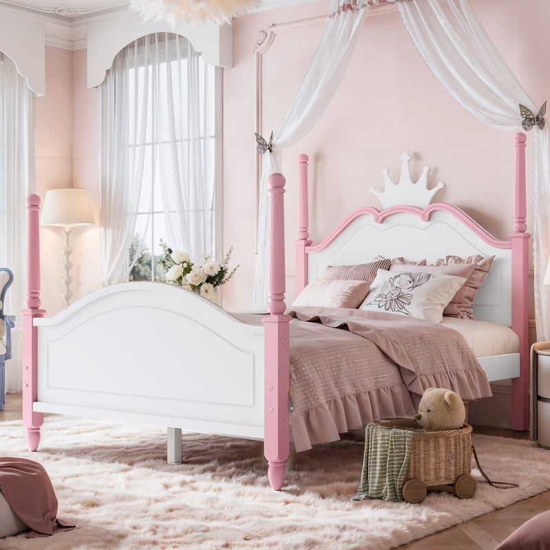 Full Size Kids Low Profile Platform Bed, Curved Footboard Four Poster Bed, Wooden Princess Bed Frame with Crown Shaped Headboard