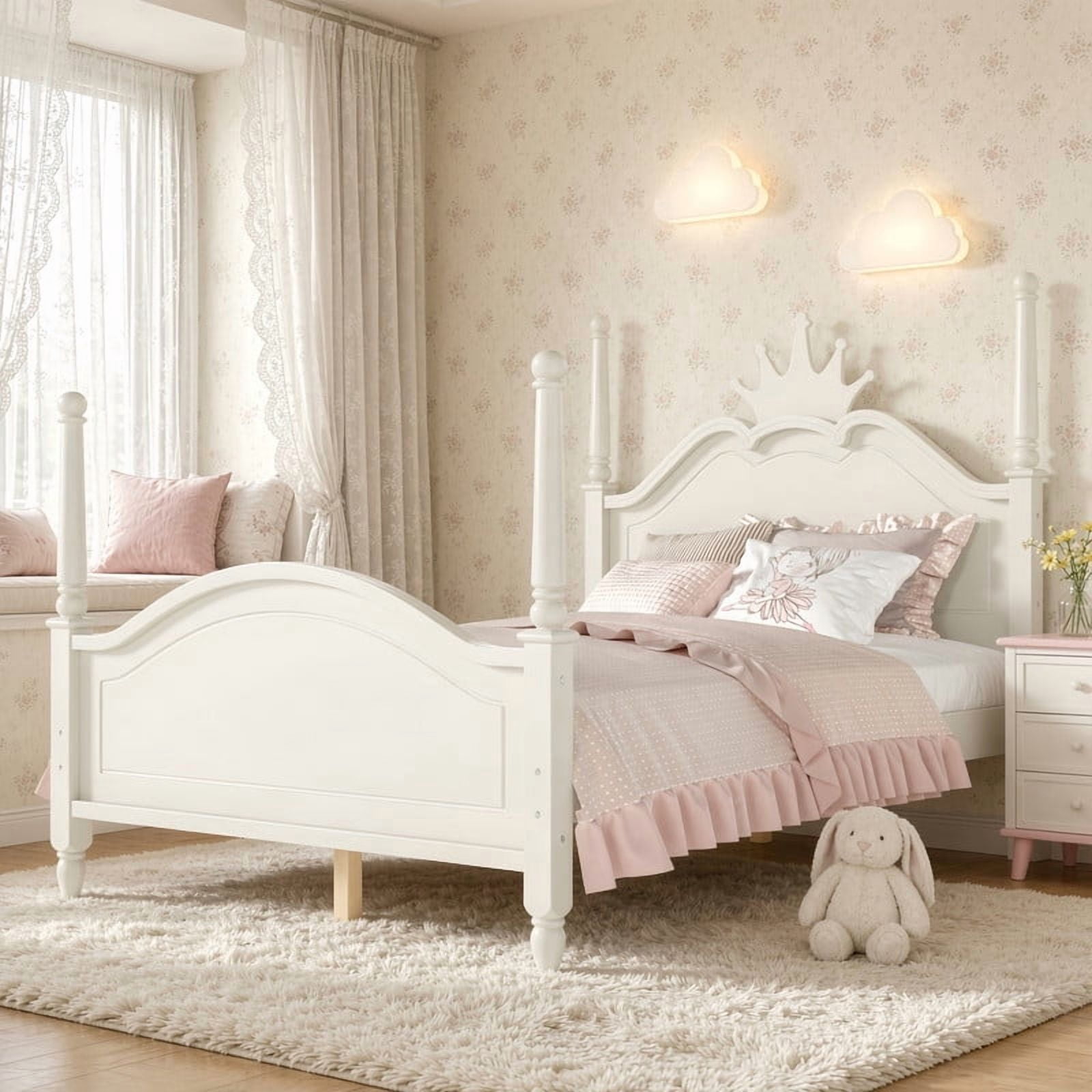 Full Size Kids Low Profile Platform Bed, Curved Footboard Four Poster Bed, Wooden Princess Bed Frame with Crown Shaped Headboard