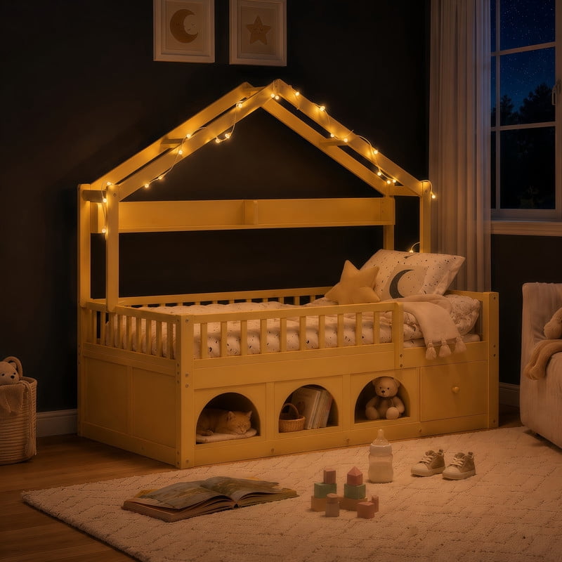 Full Size Kids Montessori Floor Bed Frame with Guardrail & Drawer, Children House Platform Bed with LED Light & Small Cat Bed