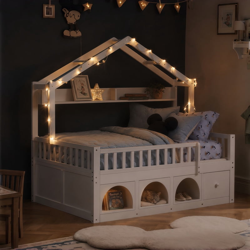 Full Size Kids Montessori Floor Bed Frame with Guardrail & Drawer, Children House Platform Bed with LED Light & Small Cat Bed