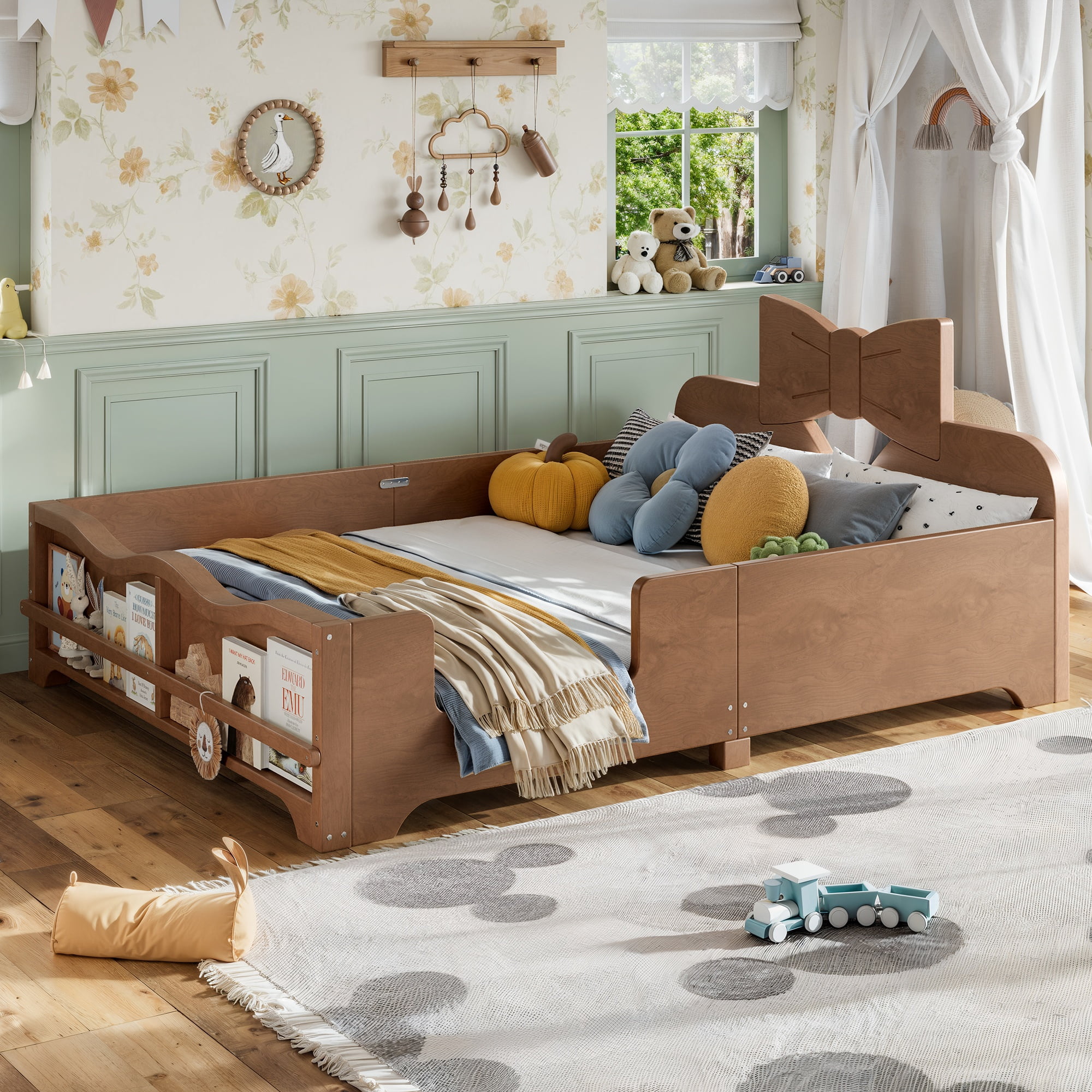 Full Size Kids Platform Bed 78 Inch, Bowknot Headboard with Surround Guardrails and Built In Bookshelf, No Box Spring Needed, Deep Natural
