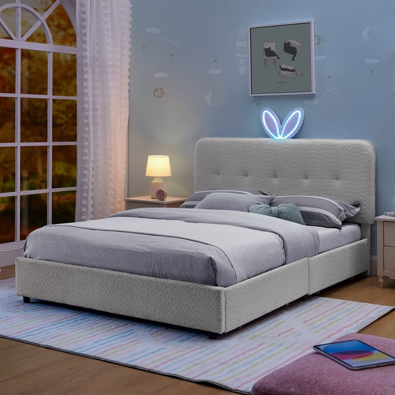 Full Size Kids Upholstered Bed with Oversized Rabbit Ear Headboard, LED Light & 4 Storag