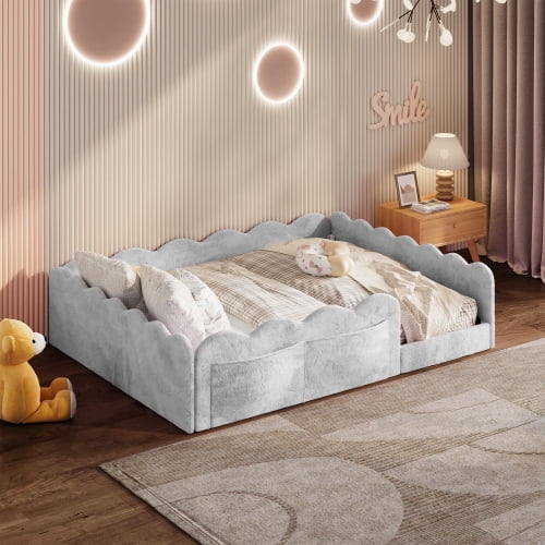 Full Size Kids Upholstered Floor Bed with Ultra-Soft Rabbit Plush Fabric, Padded Wave Guardrails, Side Storage Pockets, and 10 LVL Slats No Box Spring Needed, Light Gray