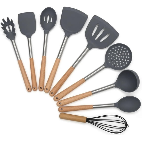 Full-Size Kitchen Utensils Set, 9- Large Cooking Utensils with Wooden Handles & Stainless Steel, Heat Resistant Grade Spatula Set for Nonstick Cookware
