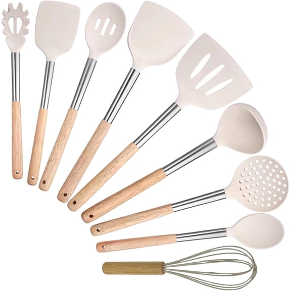 Full-Size Kitchen Utensils Set, 9- Large Cooking Utensils with Wooden Handles & Stainless Steel, Heat Resistant Grade Spatula Set for Nonstick Cookware