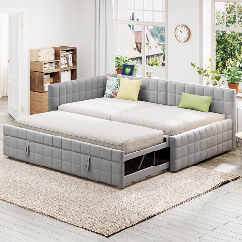 Full Size L-Shaped Daybed with Twin Trundle and USB Ports, Gray Upholstered Sofa Bed, Modern Square-Block Design for Guest Room, Living Room