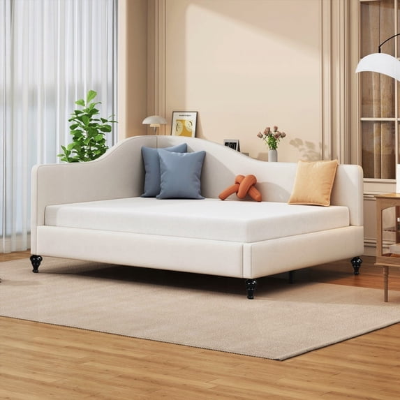 Full Size L-Shaped Linen Daybed with Solid Wood Legs|Two Sizes & Colors