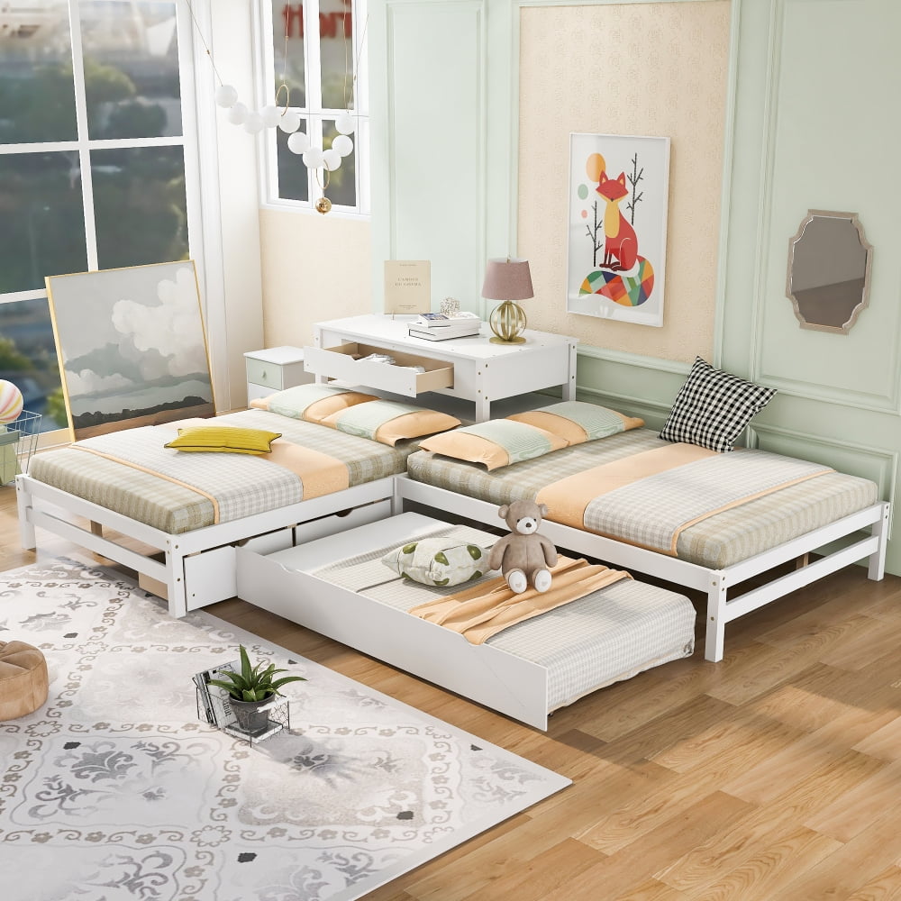 L shaped twin beds with corner table deals