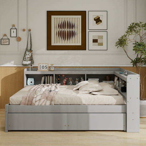 Full Size L-shaped Bookcases Bed with Power Outlets, USB Charging Ports,Two Drawers,Grey