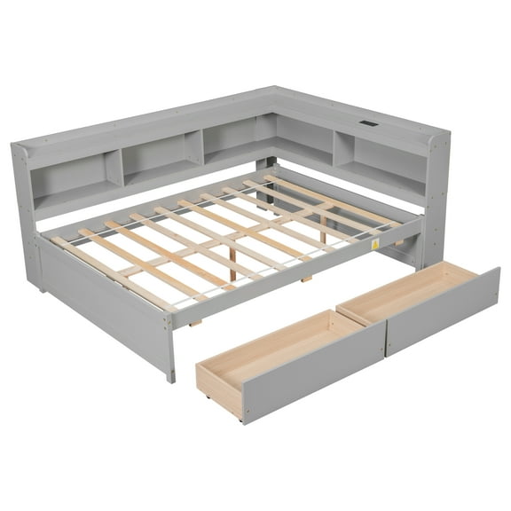 Full Size L-shaped Bookcases Bed with Power Outlets, USB Charging Ports,Two Drawers,Grey
