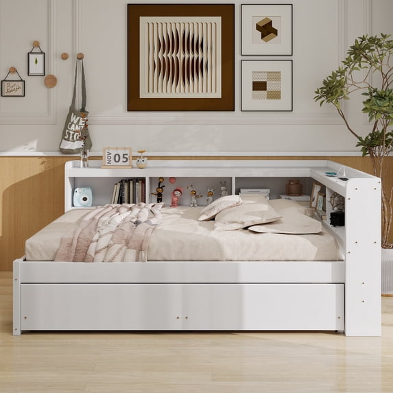 Full Size L-shaped Bookcases Bed with Power Outlets, USB Charging Ports,Two Drawers,Whtie