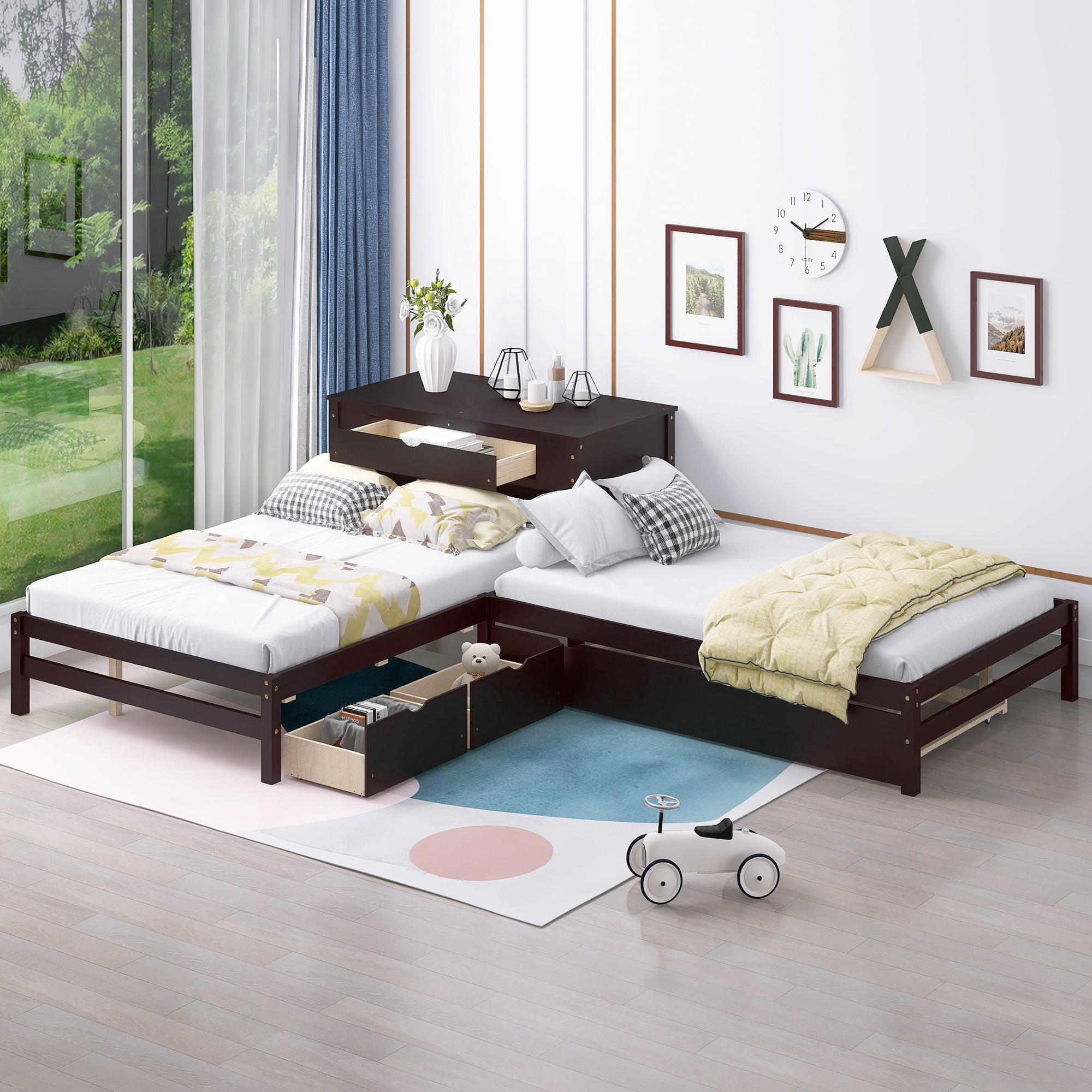 Full Size Lshaped Platform Beds with Trundle, Drawers and Table