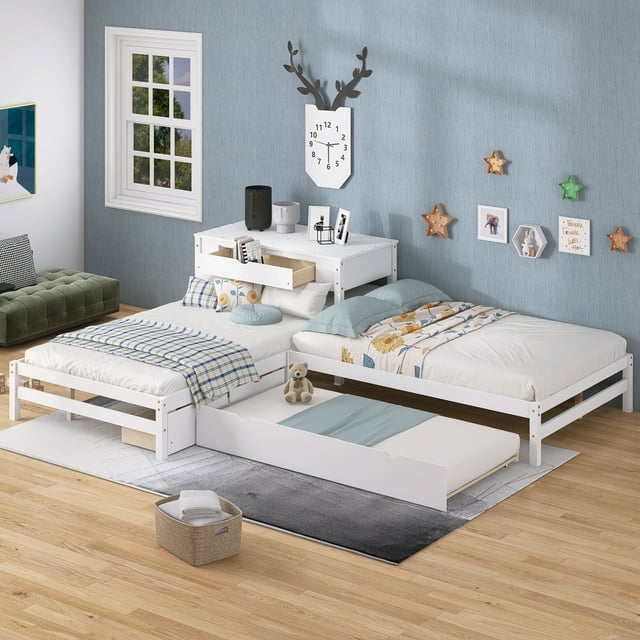 Full Size Lshaped Platform Beds with Trundle, Drawers and Table, White
