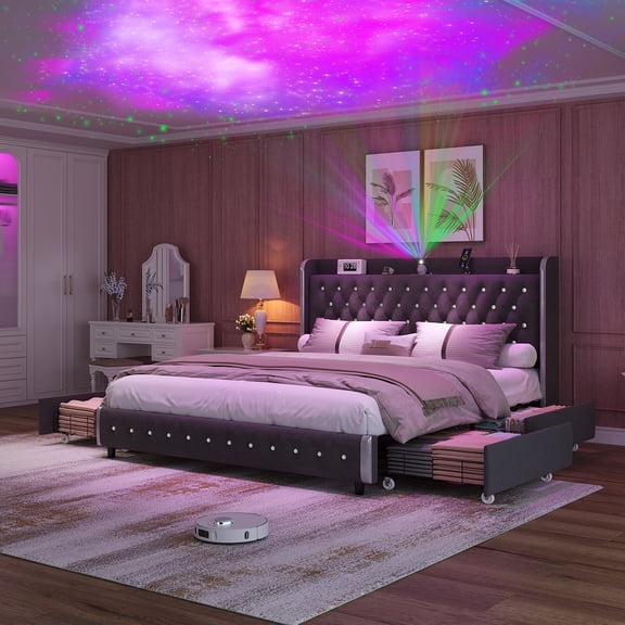 Full-Size LED Bed Frame with 4 Drawers, Star Galaxy Projector, Charging Port & Music Speaker, Wingback Upholstered Headboard Diamond Pattern, No Box Spring Required, Wooden Slat Support, Velvet Gray