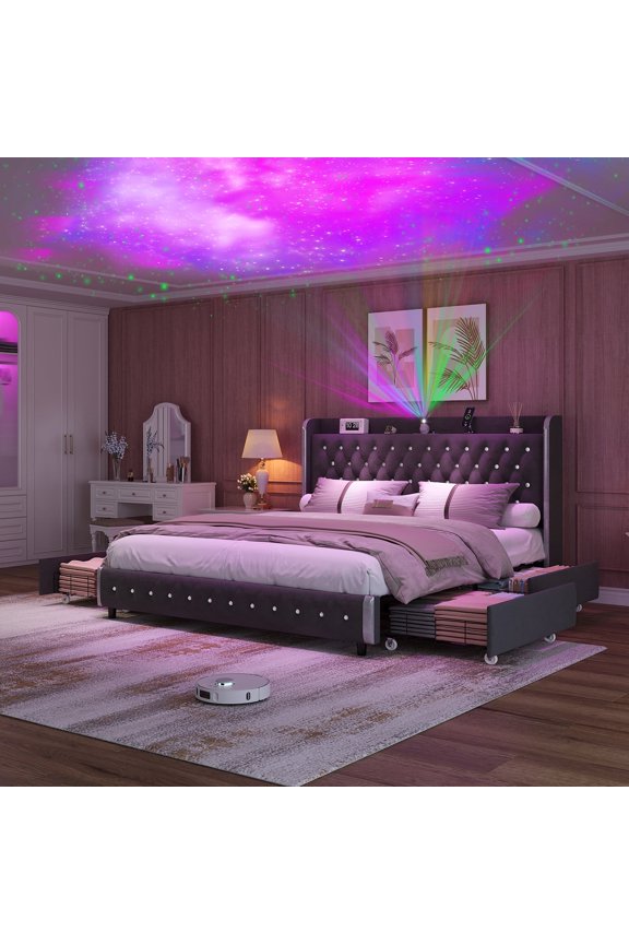 Full-Size LED Bed Frame with 4 Drawers, Star Galaxy Projector, Charging Port & Music Speaker, Wingback Upholstered Headboard Diamond Pattern, No Box Spring Required, Wooden Slat Support, Velvet Gray