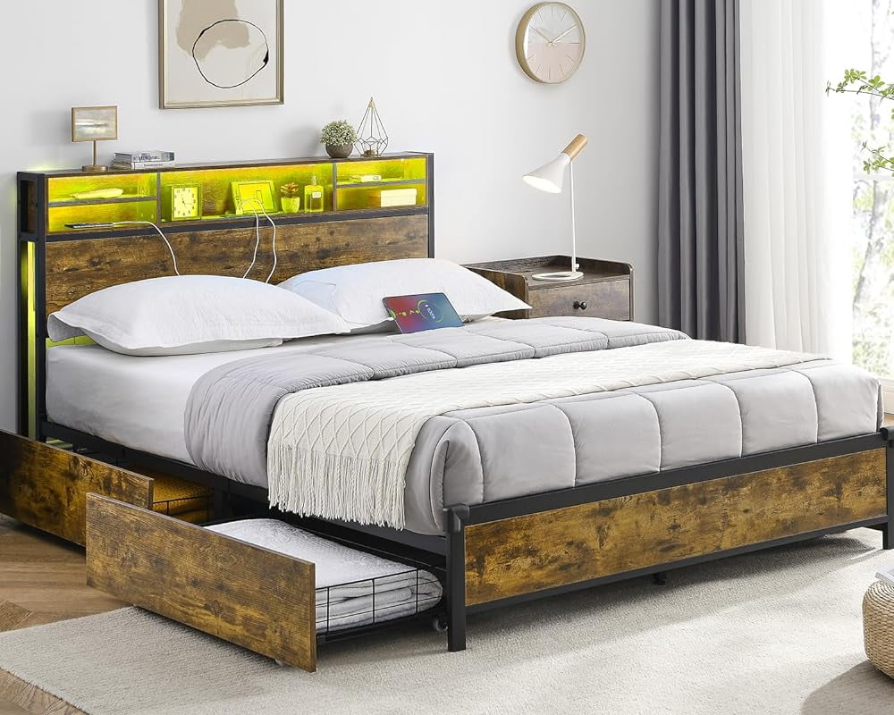 Alohappy Full Size LED Bed Frame with Bookshelf, 4 Storage Alohappy Full Size LED Bed Frame with Bookshelf, 4 Storage