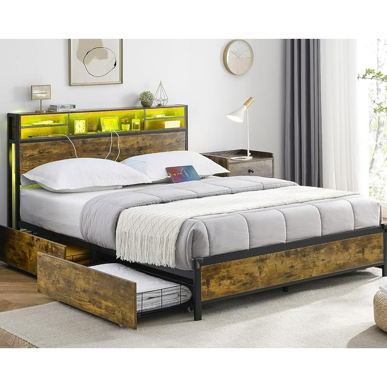 Alohappy Full Size LED Bed Frame with Bookshelf, 4 Storage