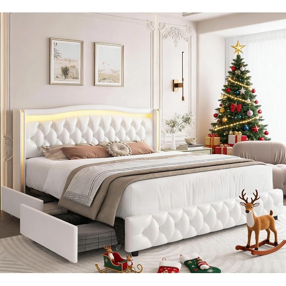Full Size LED Bed Frame with 4 Storage Drawers & Crystal Button-Tufted Wingback Headboard, Modern PU Upholstered Platform Bed Frame with No Box Spring Needed, Easy Assembly, White