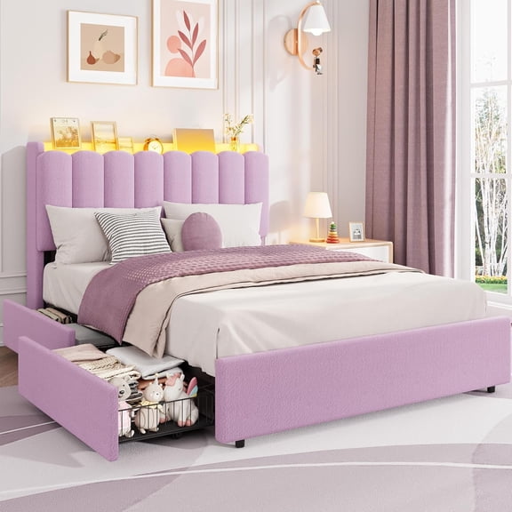 Full Size LED Bed Frame for Girls – Boucle Upholstered Platform Bed with Storage Headboard & Bookcase, Chic Wavy Headboard, 2 Drawers, No Box Spring Needed, Purple