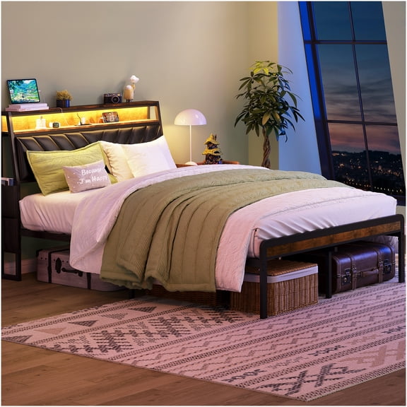 Full Size LED Bed Frame with Upholstered Headboard, RGB Color Changing Lights, USB Charging Ports, Anti-Slip, Noise Free, Easy Assembly, Modern Industrial Style