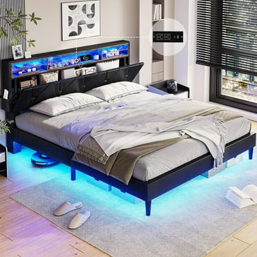 Full Size LED Bed Frame with Upholstered Storage Headboard,Platform Bed with Charging Station and LED Lights,Adjustable Headboard,No Box Spring Needed, Black