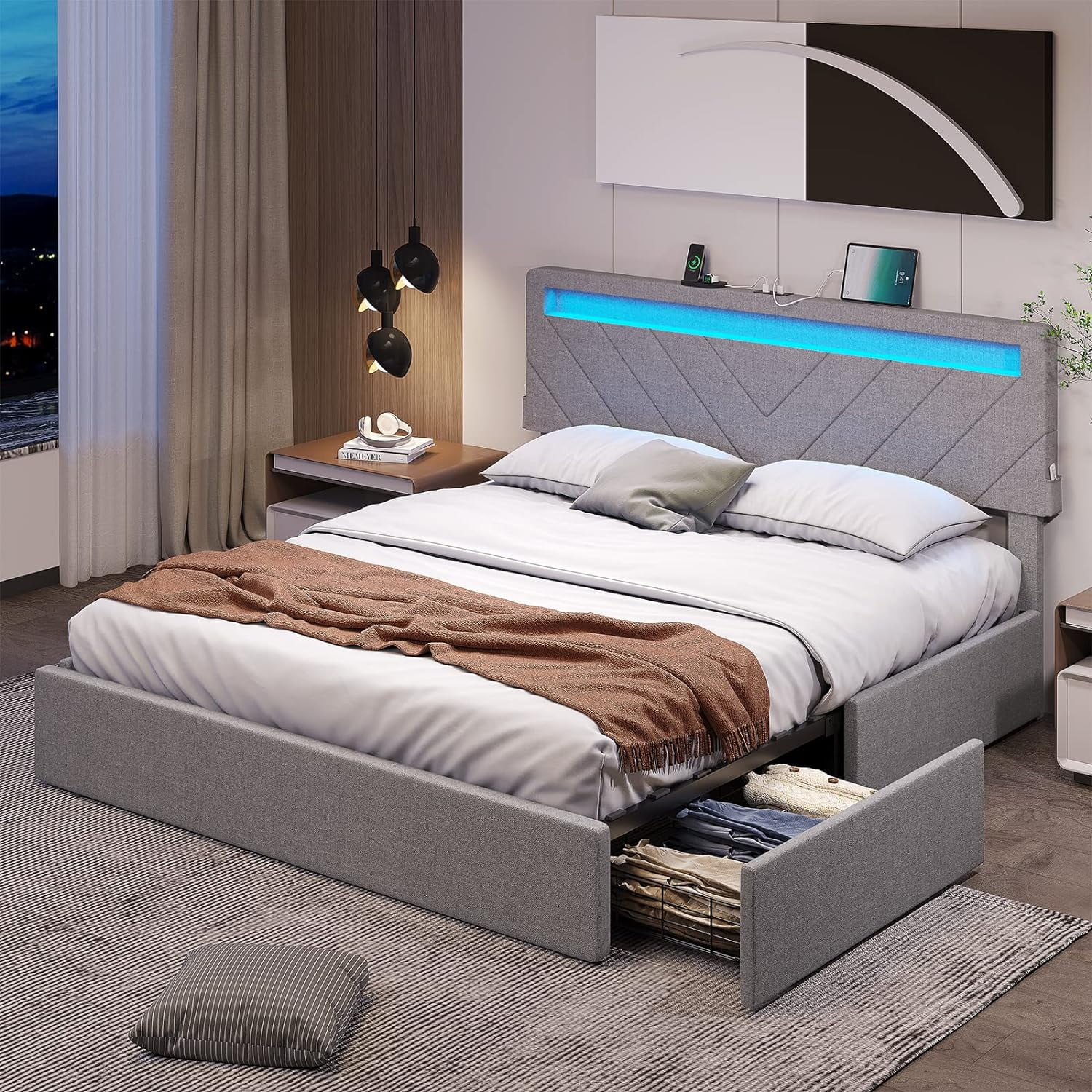 Full Size LED Bed Frame with Storage Drawers, Upholstered Platform Bed