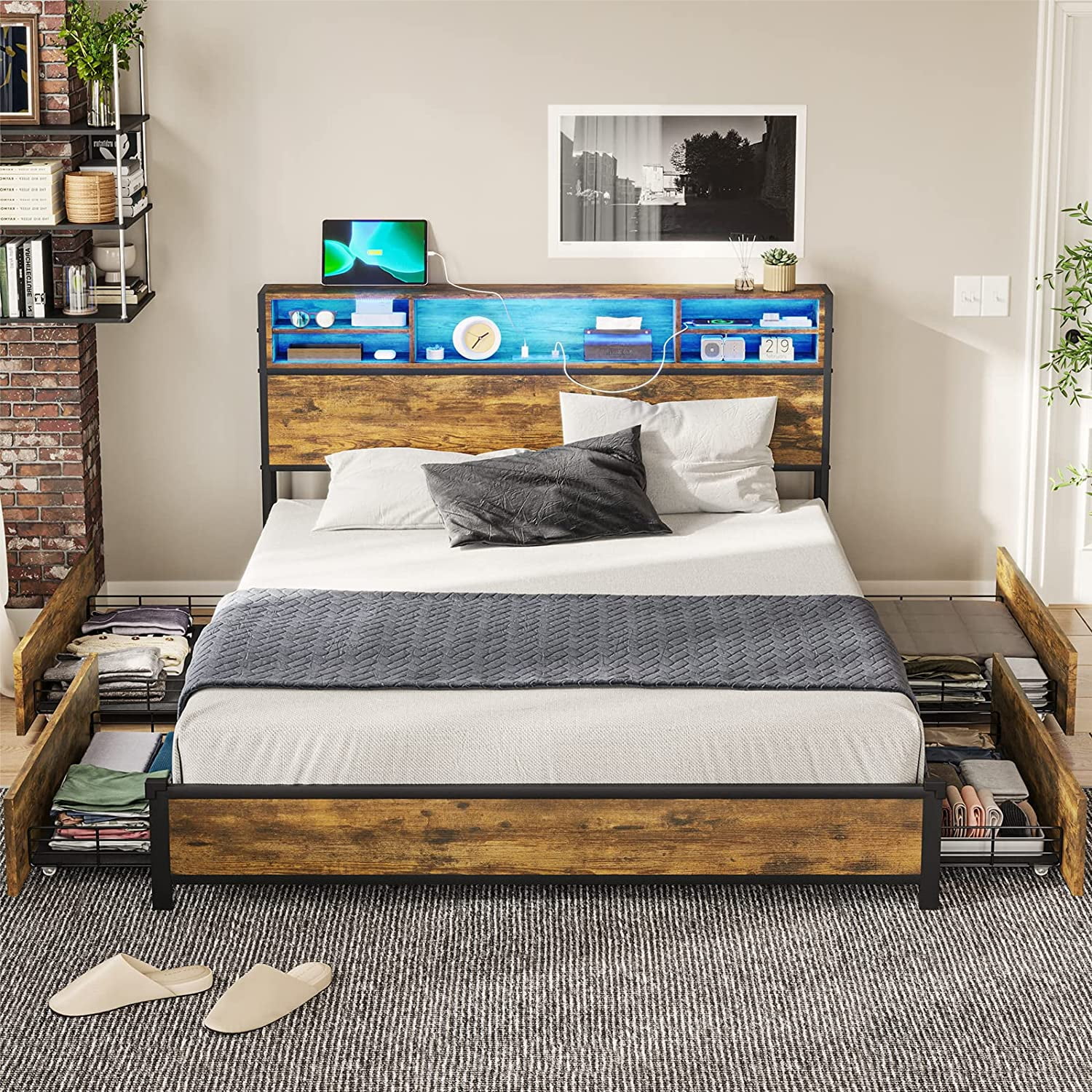 Full Size LED Bed Frame with Storage Headboard and Drawers, Metal
