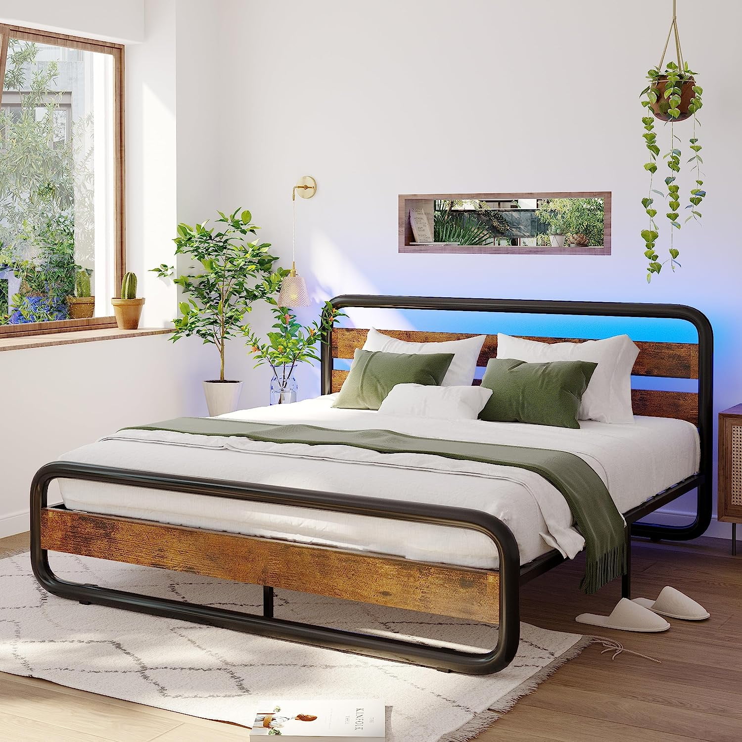 Full Size LED Bed Frame with Wood Headboard, Platform Bed Frame Wood