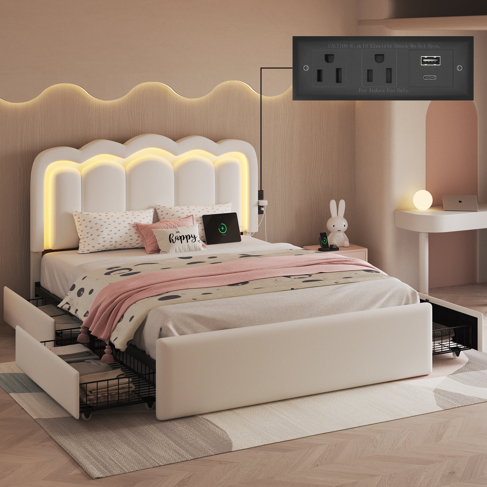 E-Motie Full Size Bed Frame with Storage Drawers and LED Lights ...