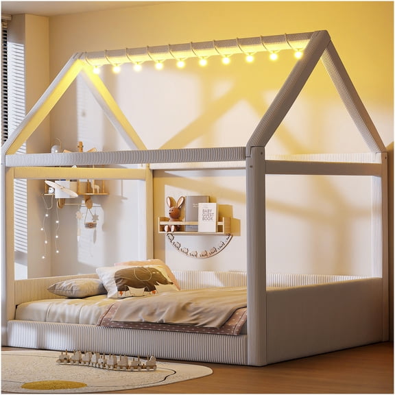 Full Size LED Daybed with Upholstered Platform Bed Frame, Beige Corduroy Fabric, Modern Cottage Style