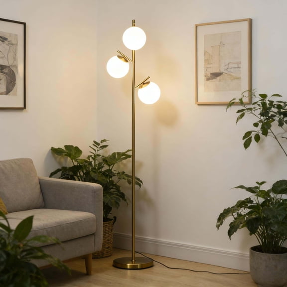 Full Size LED Lamp, Tree Standing Lamp,3-Light Floor Lamp, Gold,White Table Lamp,Glass+Metal Desk Lamp, Lighting & Lamps