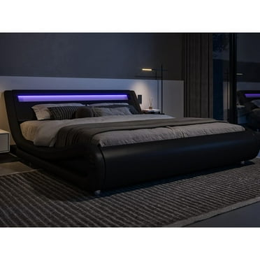 Full Size LED Platform Bed Frame with Adjustable Headboard, No Box Spring Required, Easy Assembly, Faux Leather, Black