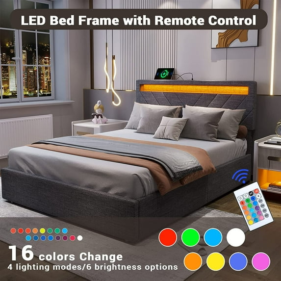Full Size LED Upholstered Platform Bed Frame with 2 USB Charging Station & LED Lights Headboard & 4 Storage Drawers, No Box Spring Needed Easy Assembly, Dark Grey